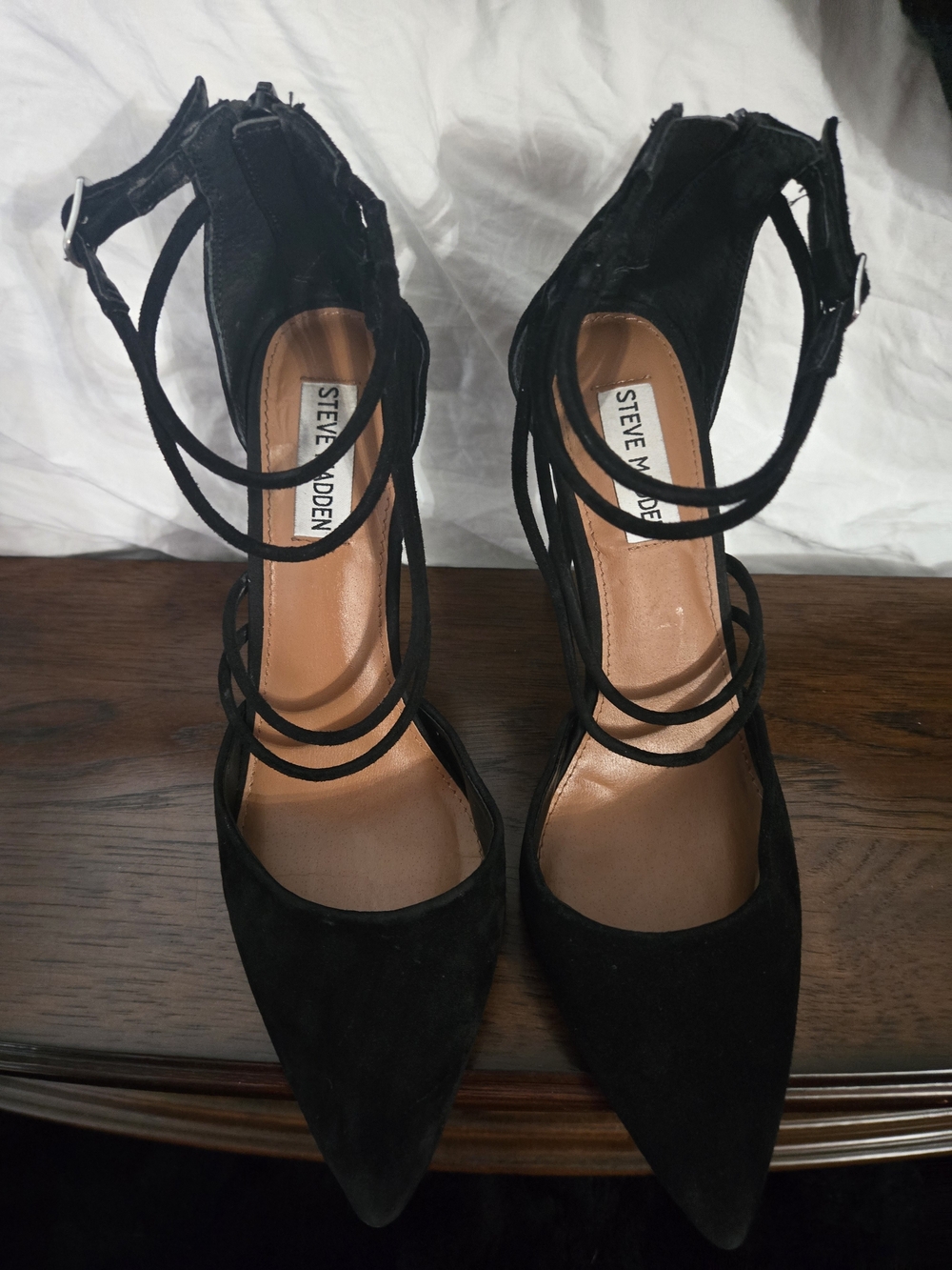 Classic Steve Madden Cienna pumps in black suede with elegant wraparound ankle
